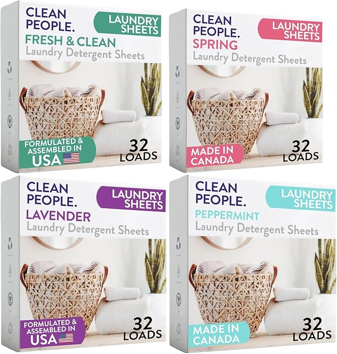 Clean People Laundry Detergent Sheets- Recyclable Packaging, Hypoallergenic, Stain Fighting, Works with All Machines including HE (128 Count, Variety Pack)