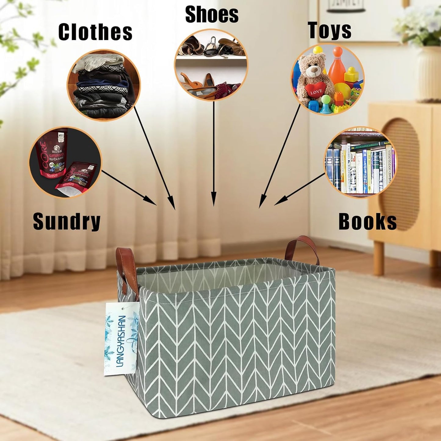 LANGYASHAN Rectangular Storage Bin Collapse Canvas Fabric Cartoon Storage Basket with Handles for Organizing Home Kitchen Boys and Girls Toys Office Closet Shelf Baskets (Rec Grey Point)