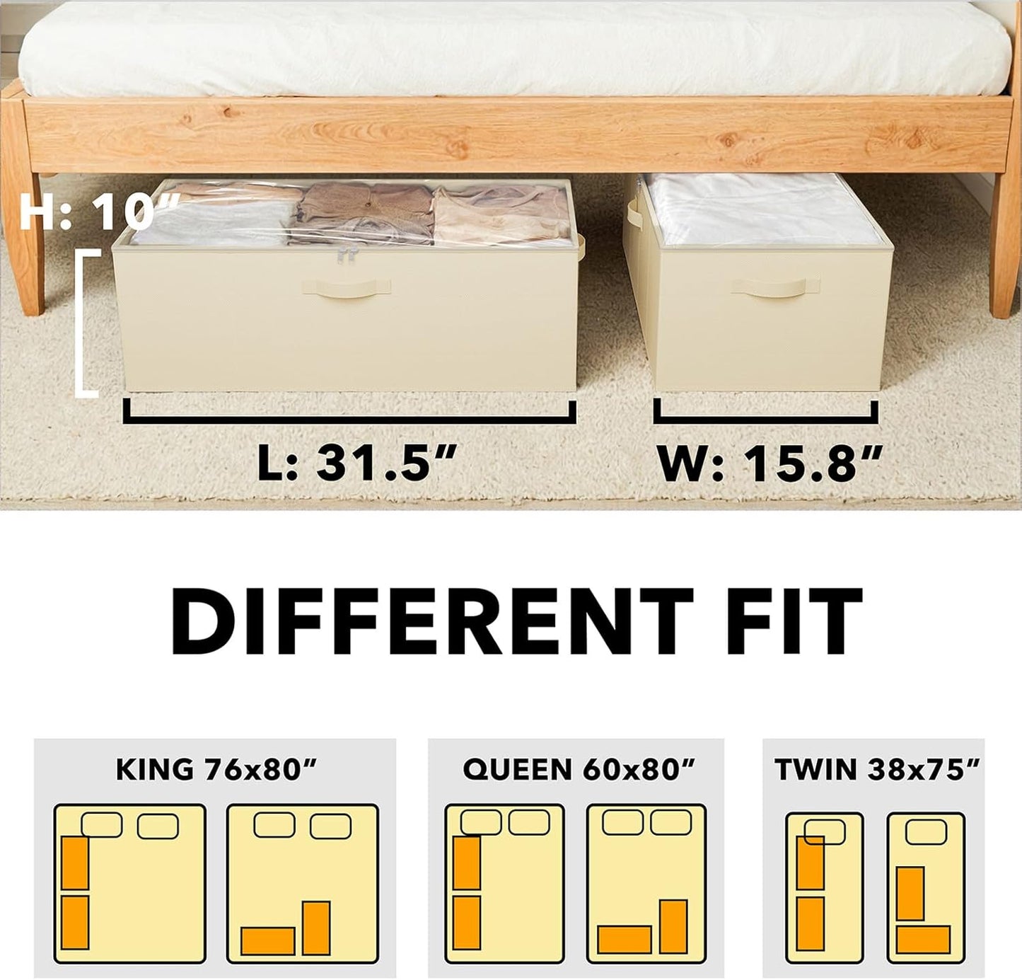 SpaceAid 2 Pack 10" High Under Bed Storage Containers, Large Underbed Storage Organizer Bins with Lids for Bedroom, Dorm, Clothes, Closet Organization, Bed Sheets and Blankets (Beige)
