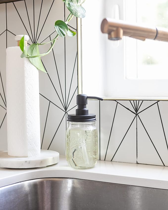 Jarmazing Products Mason Jar Soap Dispenser - Black - 16 oz Ball Mason Jar Liquid Dispenser for Kitchen & Bathroom - Glass - Kitchen Soap Dispenser with Rust Proof Stainless Steel Pump & Lid