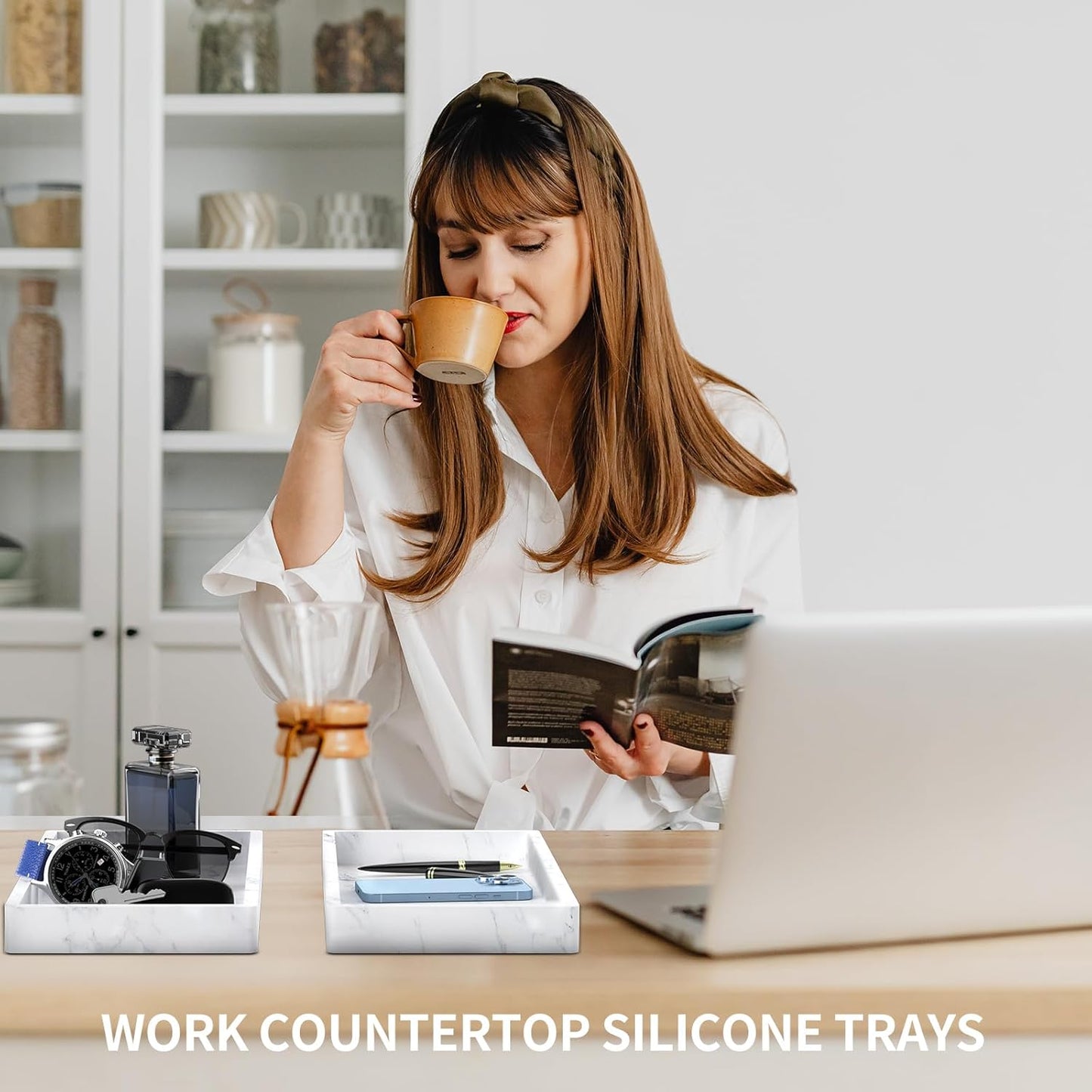 BBK Bathroom Vanity Tray 7.8 in - 2 Pack(Small) Silicone Bathroom Tray for Counter, Perfume Key Trinket Ring Tray, Decor Soap Dispenser Countertop Tray for Kitchen Sink Organization (Faux Marble Look)