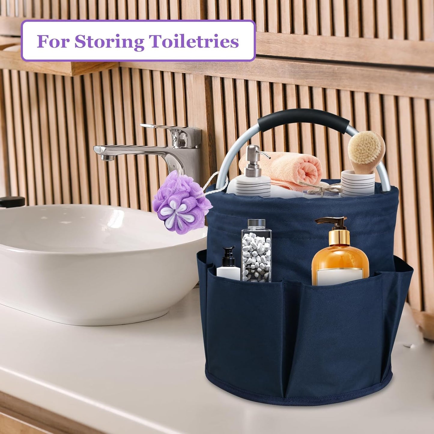 17L Cleaning Caddy with Handle, Portable Shower Caddy in 600D Oxford Fabric, Bucket Tool Organizer with 6 Side Pockets, Collapsible Storage Basket for Cleaning, Camping, Navy Blue