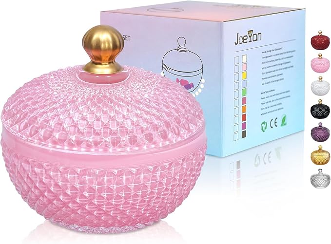 Joeyan 12 oz Small Pink Glass Jewelry Box Jars with Lid,Embossed Glass Candy Dishes,Diamond Faceted Food Container,Decorative Apothecary Canisters,Colored Kitchen Bathroom Buffet Storage Organizer