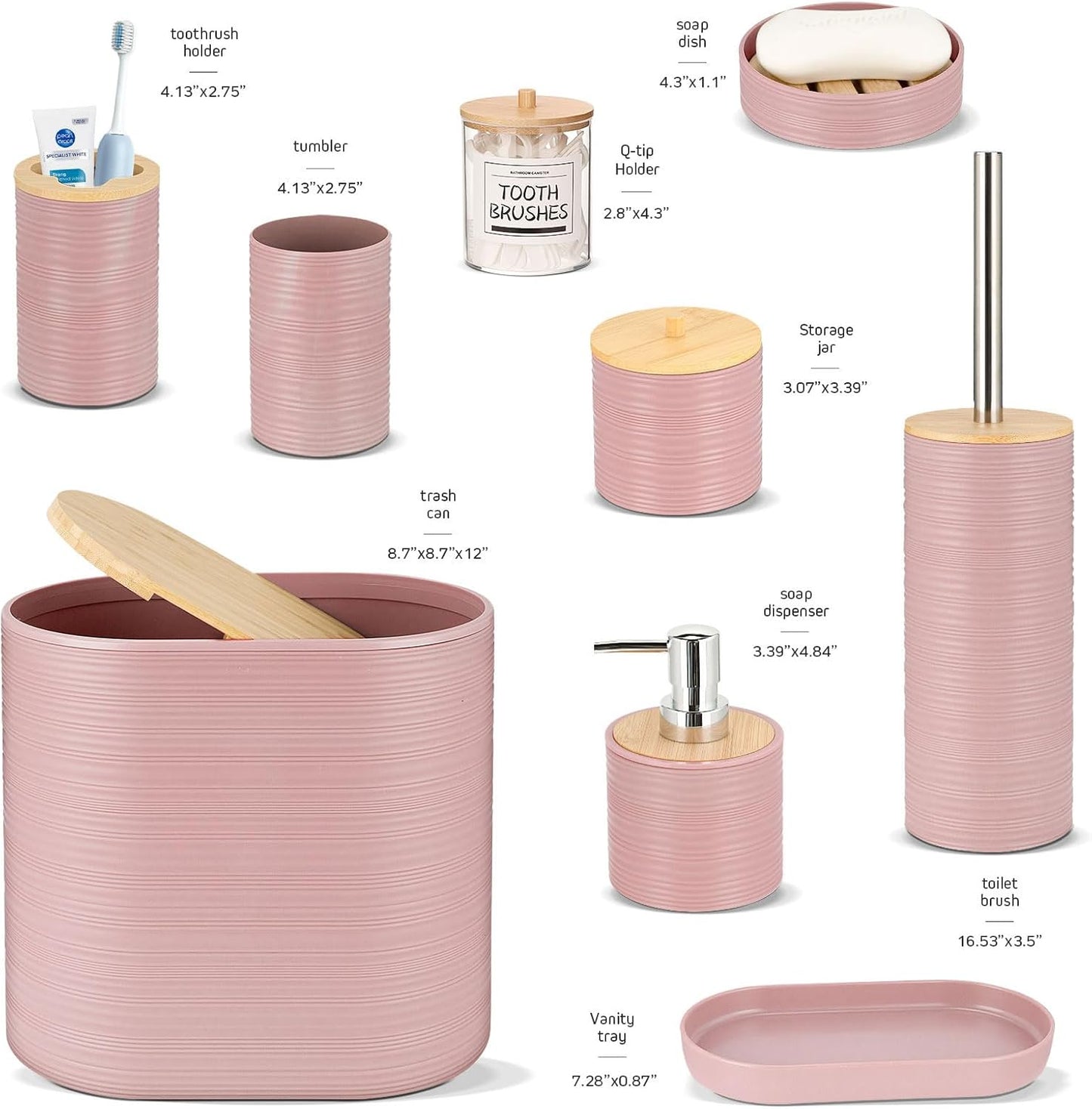 IMAVO Bathroom Accessory Set-11Pcs Pink Bathroom Accessories Set with Trash Can,Soap Dispenser,Soap Dish,Toothbrush Holder,Toothbrush Cup,Toilet Brush Holder,Qtip Holder Dispenser with Labels