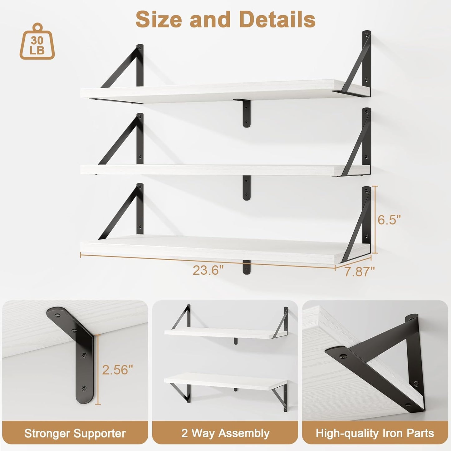 Fun Memories Floating Bookshelves, Set of 3 Wall-Mounted Wood Shelves 24" W x 8" D, Decorative Wall Shelf for Living Room, Bedroom, Bathroom, and Laundry Room (White)