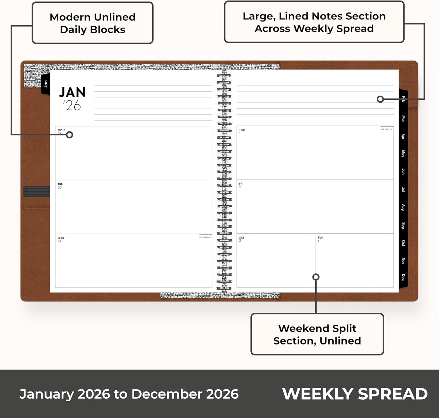 Blue Sky ASMBLD 2026 Weekly and Monthly Planner Calendar, January 2026 - December 2026, 8.5" x 11", Faux Leather Cover, Durable Twin Wire Binding, Storage Pocket, Laminated Tabs, Refillable, Pen Loop, Tan