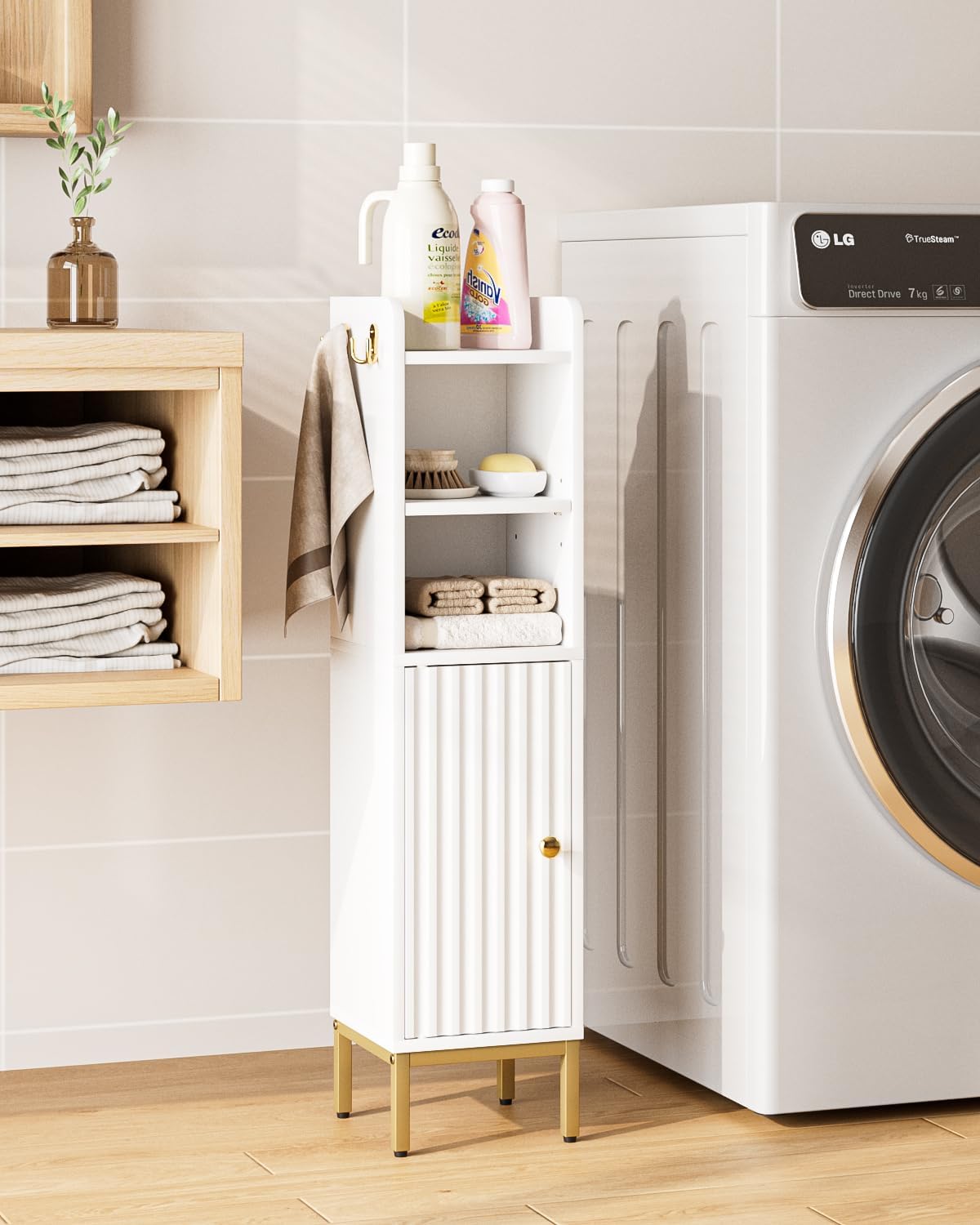 Bathroom Storage Cabinet, Small Corner Floor Hutch with Door and Shelves, Narrow Toilet Paper Cabinet, Bathroom Organizer with 2-Tier Adjustable Shelf for Small Spaces,White