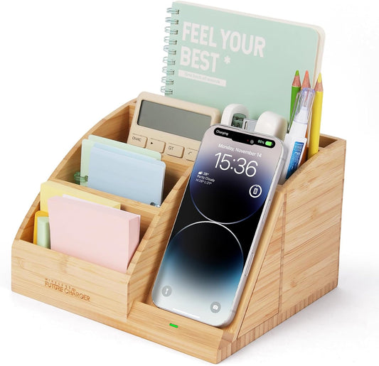 Bamboo Pen Holder for Desk & Nightstand Organizer with Fast Wireless Charging for iPhone, Samsung & More – Office Desk Accessories for Men/Women (Natural)