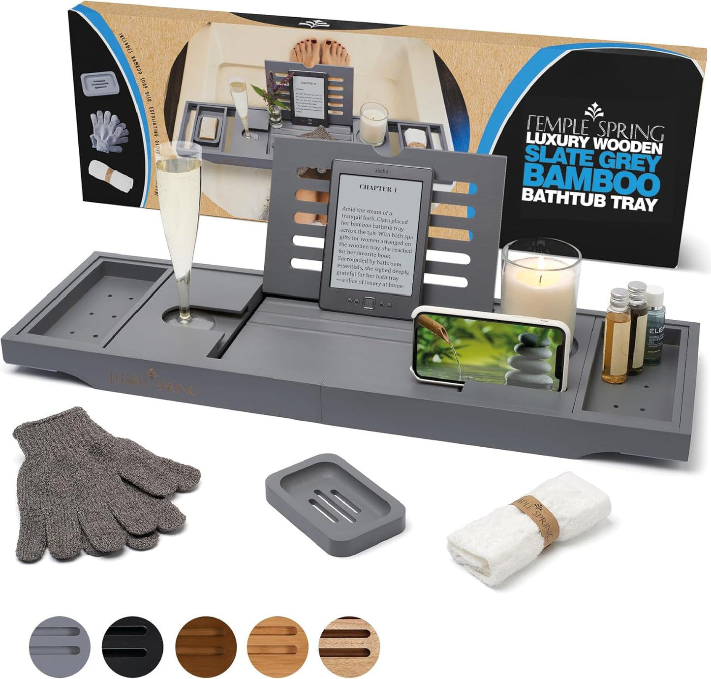 Temple Spring Wooden Bathtub Tray, Bamboo Bathroom Accessories, Bath Tray for Tub, at Home Spa Essentials, Board for Tub Table, Bath Caddy for Bathtub Accessories & Bathroom Essentials – Slate Grey