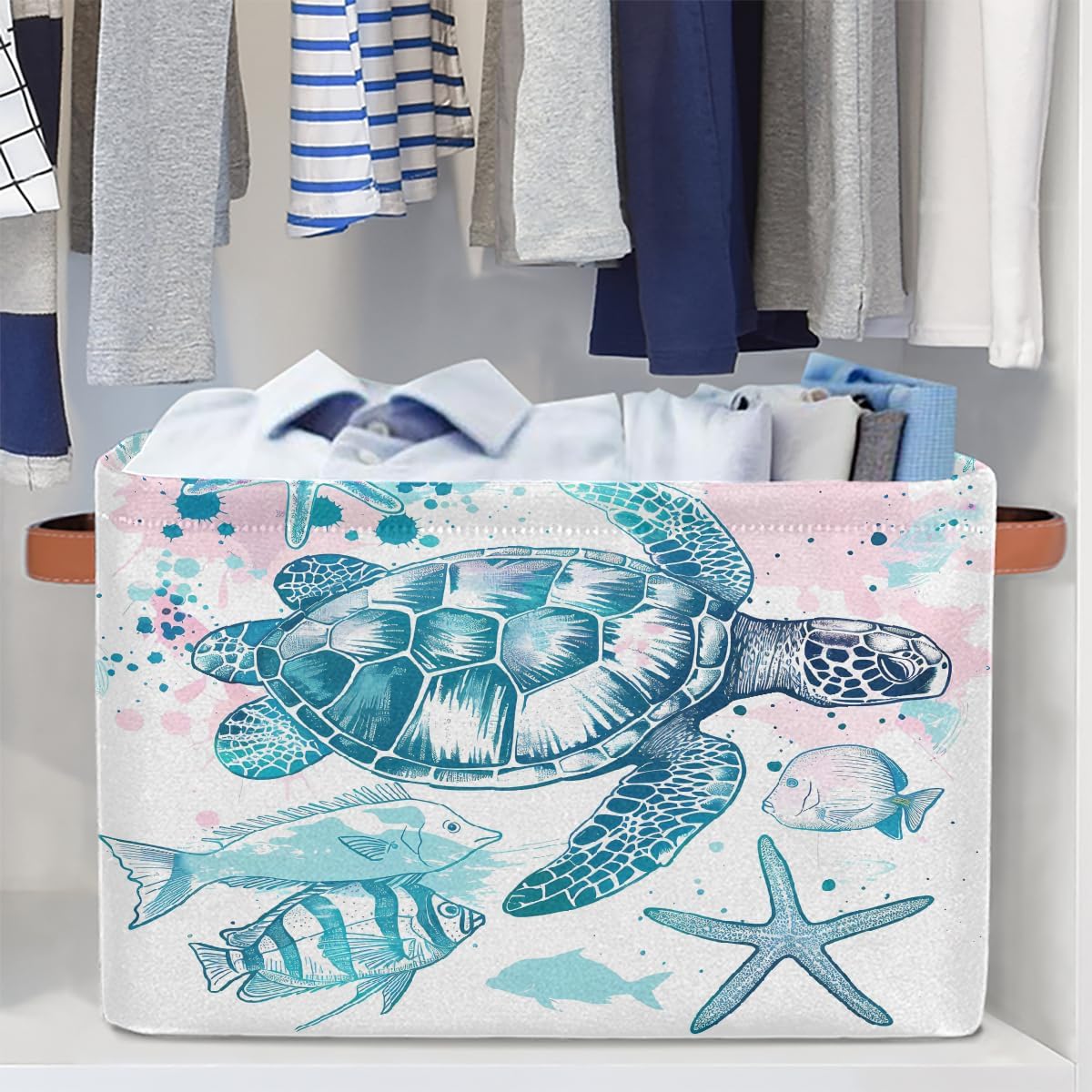 Sea Turtle Starfish Storage Basket for Shelves, Storage Bins with Handles, Collapsible Basket for Organizing, Closet Toy Baskets for Nursery Room, 15x11x9.5 in, Canvas, Ocean Tropical Fish