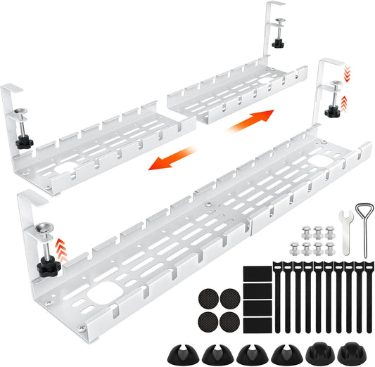 Shikha Cable Management Under Desk, 15.7"-31" Retractable Cable Management Tray, No Drilling Cord Organizer with Clamp for Desk, Under Table Wire Management Tray for Home Office -White