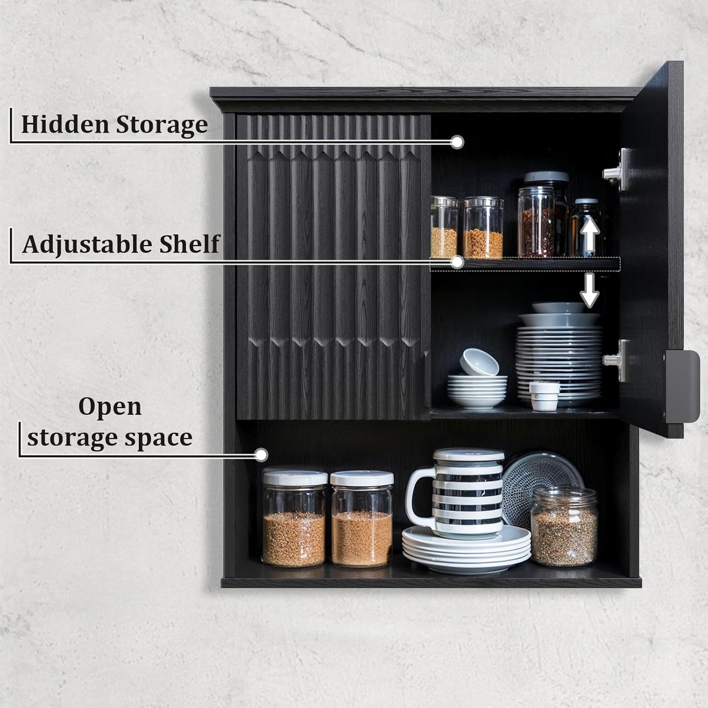 FLOWBACK Wall Mount Bathroom Cabinet, Wooden Medicine Cabinet Storage Organizer with Fluted Doors and Adjustable Shelf, Over The Toilet Space Saver Storage Cabinet (Black)