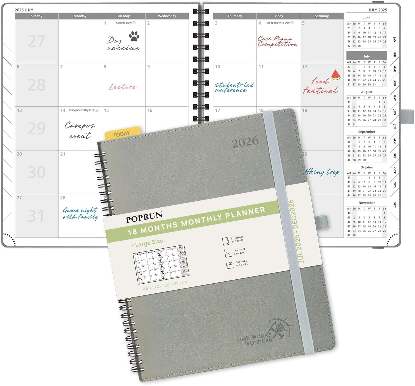 POPRUN Monthly Planner 2025-2026 Spiral Bound (8.5'' x 10.5'') 18 Months Calendar (Jul 2025 - Dec 2026) - 4 Pages per Month with Monthly Expense & Notes, Sunday Start, Leather Cover - Grey