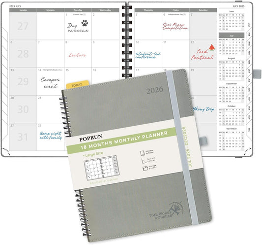 POPRUN Monthly Planner 2025-2026 Spiral Bound (8.5'' x 10.5'') 18 Months Calendar (Jul 2025 - Dec 2026) - 4 Pages per Month with Monthly Expense & Notes, Sunday Start, Leather Cover - Grey