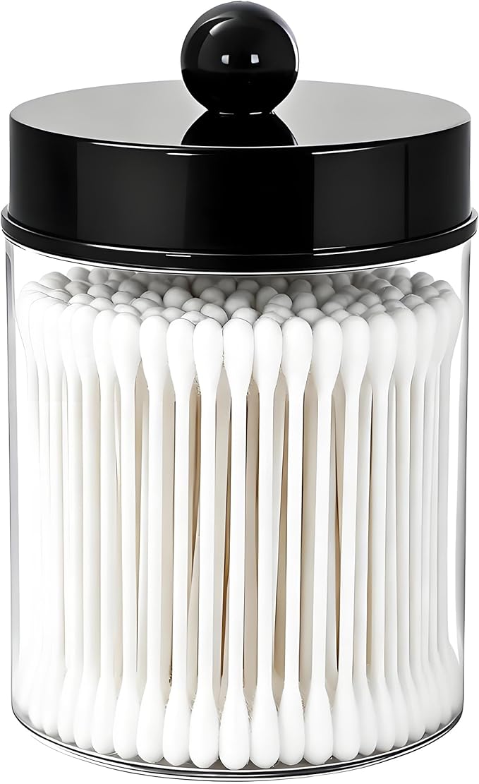 AXX Qtip Dispenser Apothecary Jars Bathroom - Qtip Holder Storage Canister Clear Plastic Jar for Cotton Swab,Q-Tips,Cotton Rounds (F#Black 1Pcs)