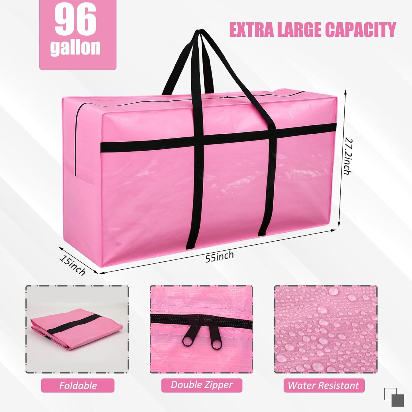 4 Pcs 96 Gallon Large Moving Bags with Zipper and Handles Foldable Storage Duffle Bags Heavy Duty Extra Large Totes for College Dorm Travel Clothes Blankets Bedding Moving (Pink)