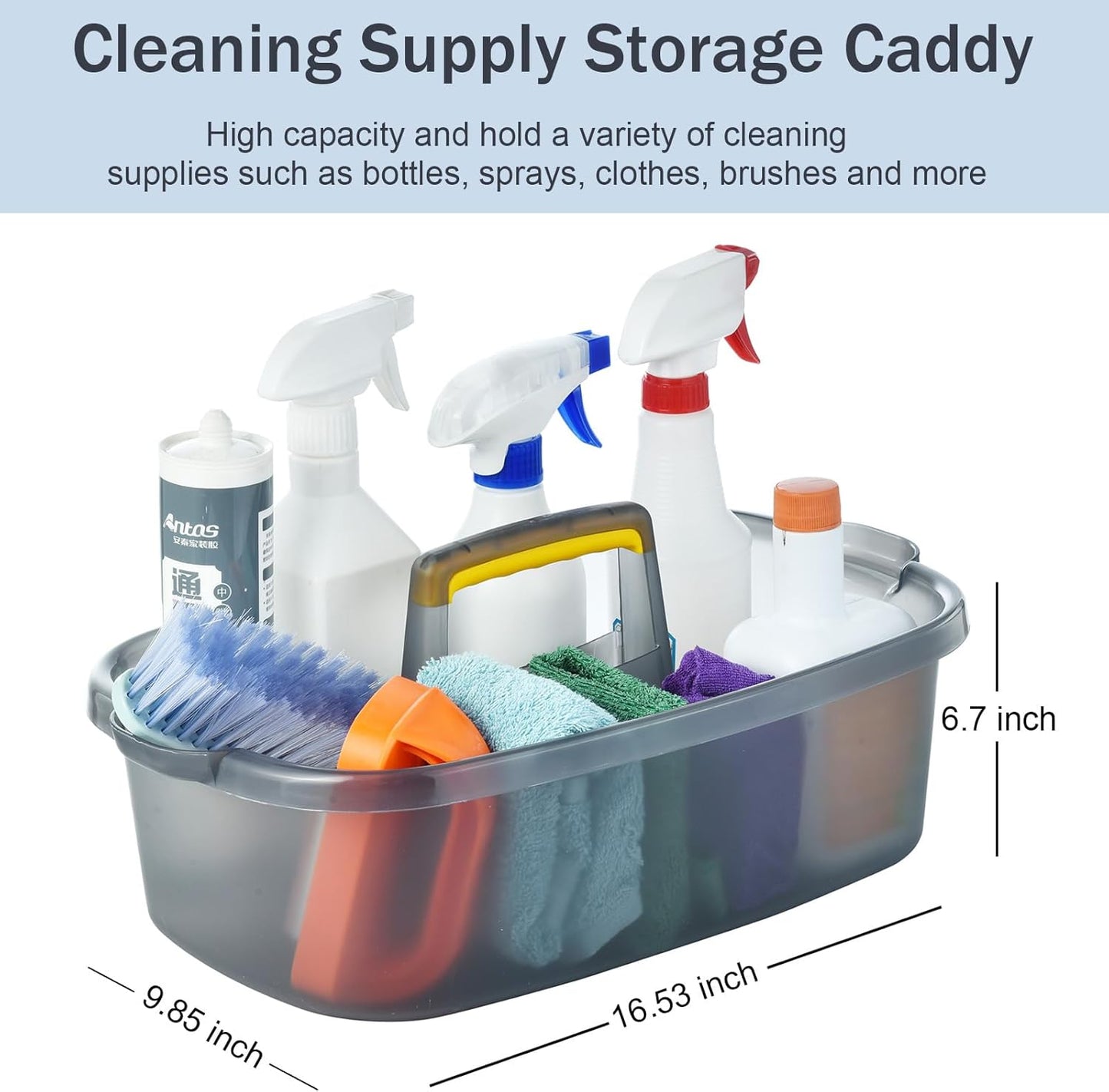 ALINK Plastic Cleaning Storage Caddy with Handle, Large Shower Caddy Basket Organizer for Dorm, Bathroom, Tool, Garden, Kitchen, Cleaning Supplies - Transparent Gray