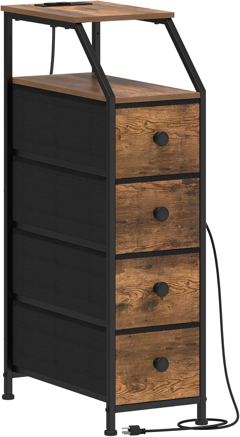 Tohomeor Narrow Dresser Tall Skinny Storage Tower Vertical Slim Chest of Drawers with Charging Station Small Nightstand Side Table for Bedroom, Bathroom, Small Spaces (Rustic Brown, 4 Drawers)