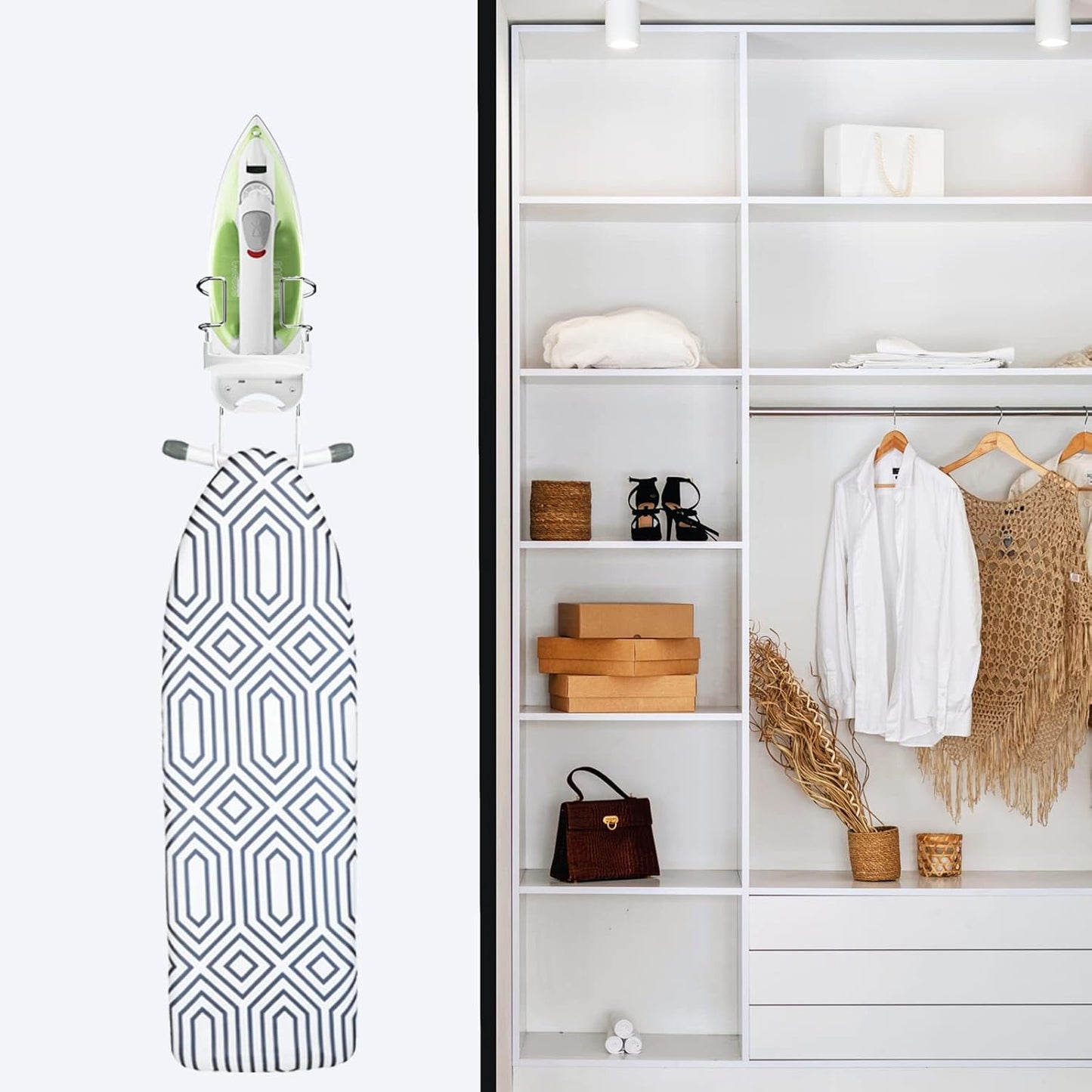 Wall Mount Iron Board Hanger and Ironing Board Storage Organizer Shelf With Removable Hooks for Household Bathroom Laundry Room (White)