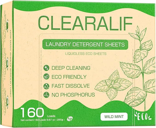 Laundry Detergent Sheets Up to 160 Loads, Wild Mint - Great For Travel,Apartments, Dorms,CLEARALIF Laundry Detergent Strips Eco Friendly & Hypoallergenic - 80 Sheets