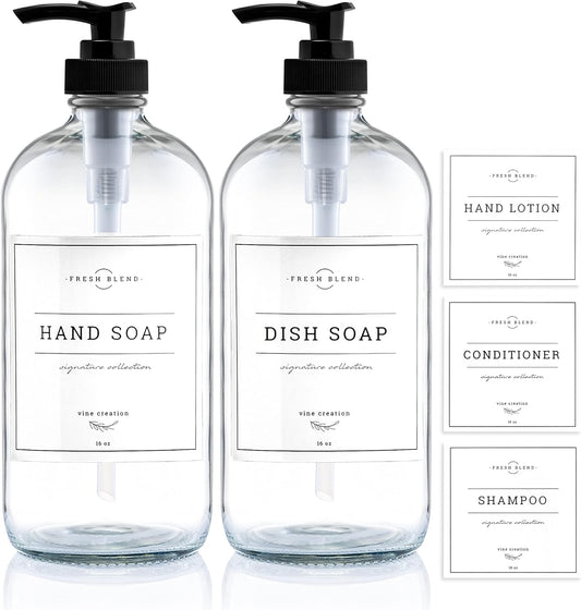 Vine Creations Clear Glass Soap Dispenser, 2 Pack Kitchen Soap Dispenser Set with Rustproof Pump, 16 oz Dish Soap and Hand Soap Dispensers for Bathroom with Waterproof Labels