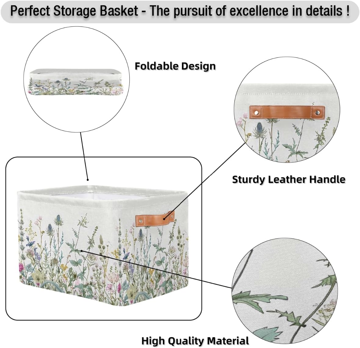 Wildflowers Leaves Storage Basket for Shelves, Storage Bins with Handles, Collapsible Basket for Organizing, Closet Toy Baskets for Nursery Room, 15x11x9.5 in, Canvas, Herbal Wildflower