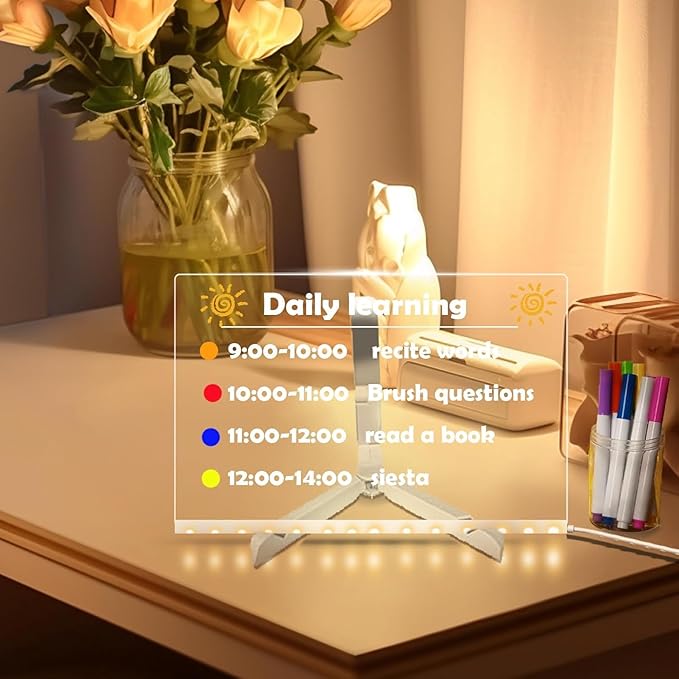 LED Note Board with Colors 12-Color Illuminated Acrylic Drawing Board - Dry-Erase Night Light with Stand for Home/Office/Gift/Festival (12" W x 7.9" H)