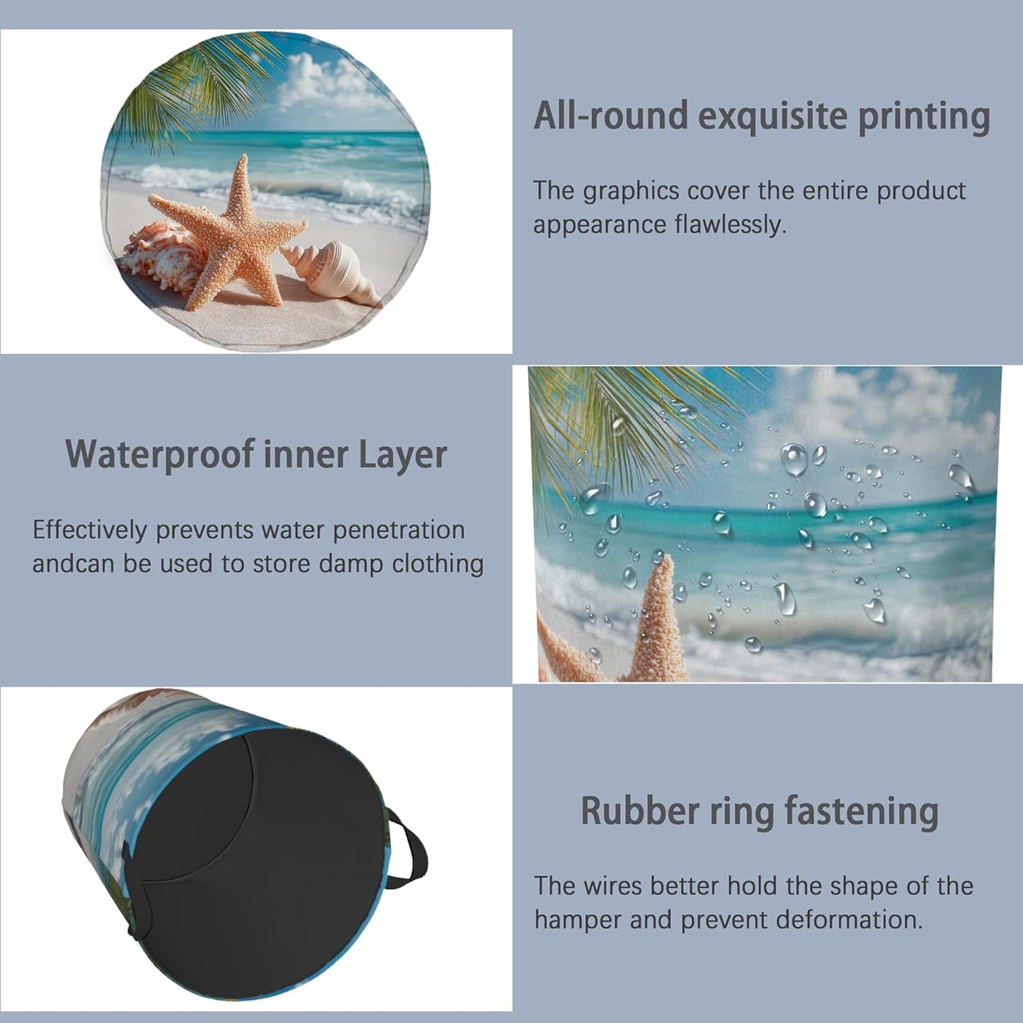 Starfish Shells Laundry Basket,Beach Oxford Cloth Laundry Hamper with Handle Foldable Portable Clothes Storage Basket for Bathroom Bedroom Dorm Room 16" x 20.8"