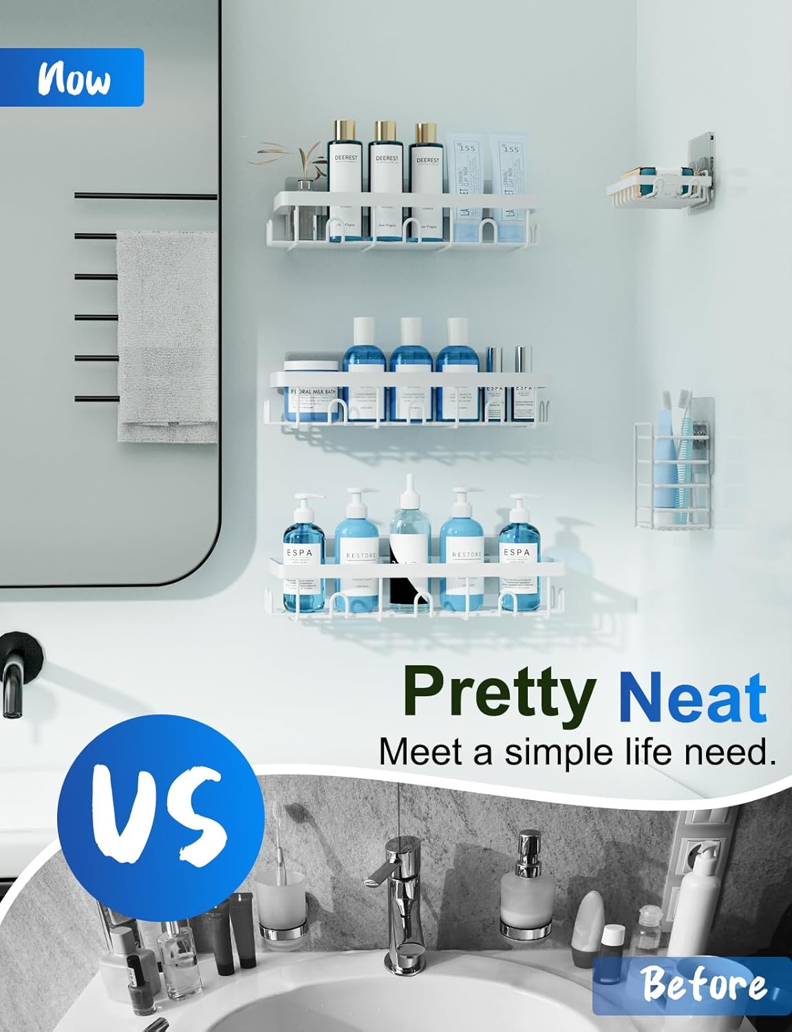 GVY Shower Caddy 5 Pack, Adhesive Shower Organizer Bathroom Shelves,Rustproof Bathroom Organizers and Storage for Home Decor, No Drilling Shower Shelves for Apartment Essentials