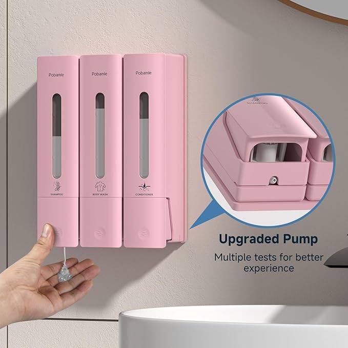 1984 Shower Soap Dispenser Bathroom Set Shampoo Conditioner Body Wash Dispenser Wall Mounted Shower Shampoo Dispenser 3 Chamber No Drill for Home Star Hotel 3 x 400ml Pink