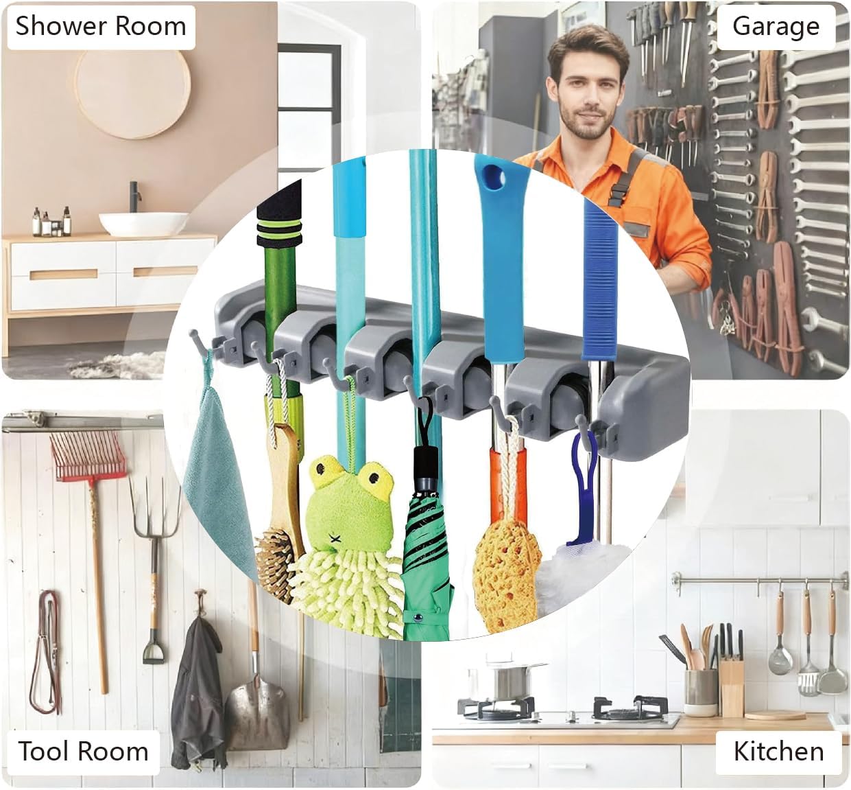 PP Plastic Multi-Function Broom & Mop Wall Mount Holder (16.9×3.35×2.36in, Gray) - Screw-Mounted Space Saver for Kitchen/Garage/Garden Tool Organization