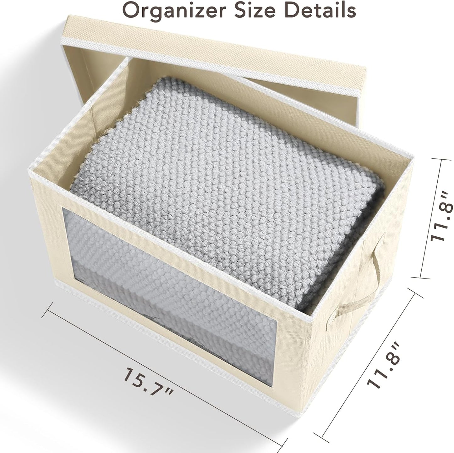 Large Storage Baskets Bins with Lids - Stackable Cube Bins for Closet, 3 Pack Beige Windows Organizer Bins, Home Organizers and Storage for Clothes, CD, Towels