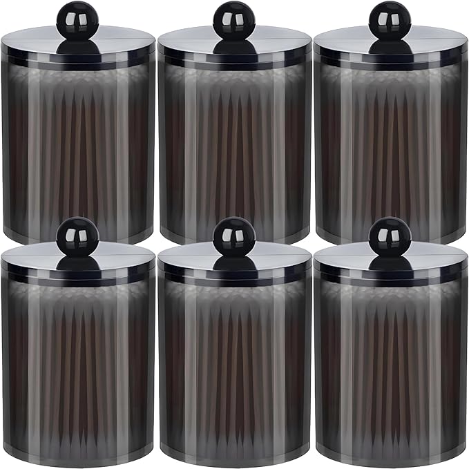 AXX Qtip Dispenser Apothecary Jars Bathroom - Qtip Holder Storage Canister Clear Plastic Jar for Cotton Swab,Q-Tips,Cotton Rounds (Black 6Pcs)
