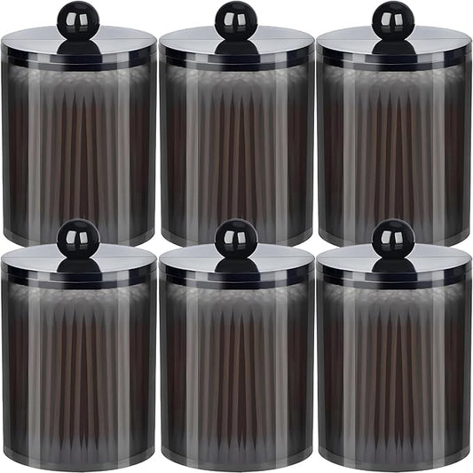 AXX Qtip Dispenser Apothecary Jars Bathroom - Qtip Holder Storage Canister Clear Plastic Jar for Cotton Swab,Q-Tips,Cotton Rounds (Black 6Pcs)