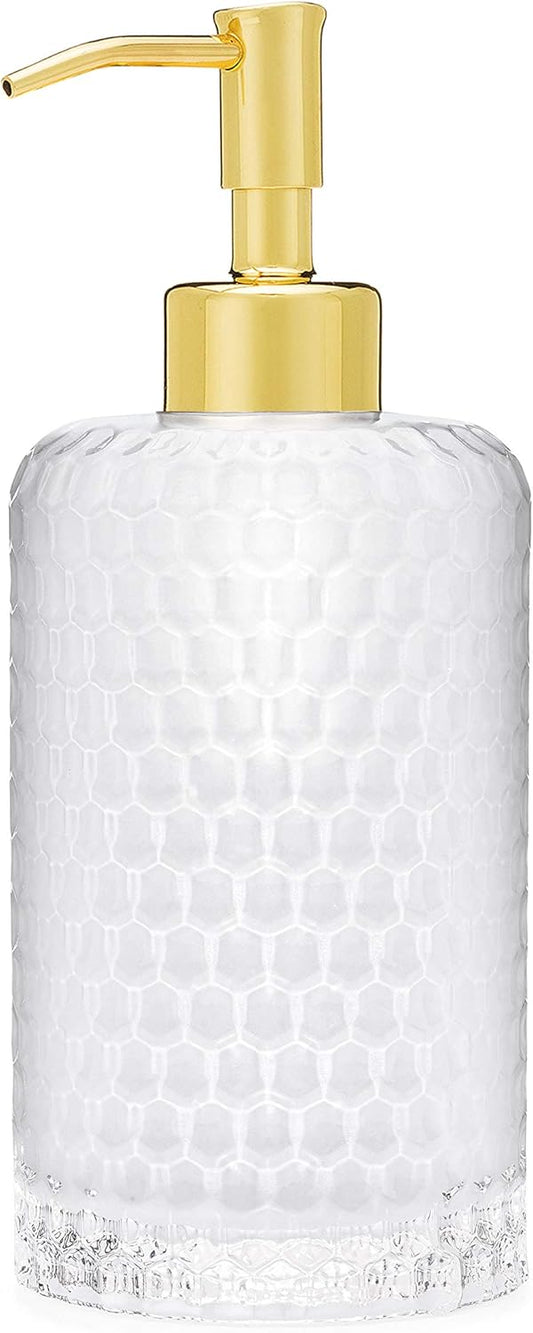 Rail19 Frosted Milk + Honey Glass Soap Dispenser | Vintage-Inspired Modern Refillable Soap & Lotion Pump Bottle for Bathroom Vanity Countertop and Kitchen, 12oz (Polished Gold)
