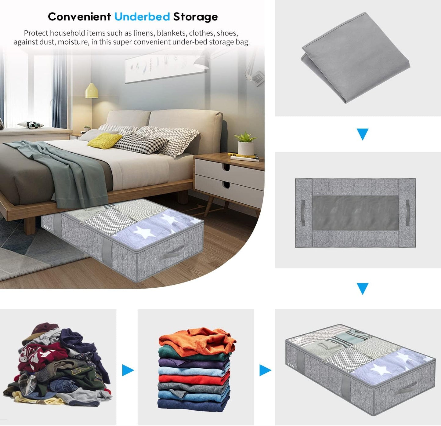 Onlyeasy Underbed Storage Bags Organizer, 4 Pack Large Capacity Under Bed Storage Containers with Reinforced Handles, Foldable Fabric Storage Bins with Clear Window, Herringbone Grey, 7MXRUBBP4