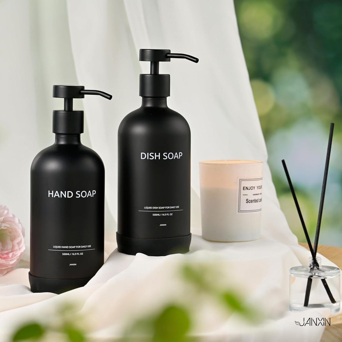 Kitchen Soap Dispenser Set with Non-Slip Protective Silicone Pad,Hand Soap Dispenser for Kitchen and Bathroom Decor, Black Kitchen Accessories (Black Bottles +Black Pumps)