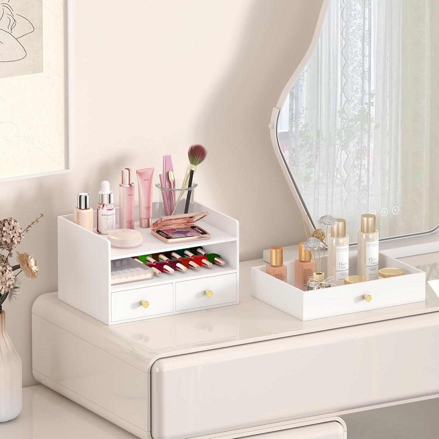 Bamboo Desk Organizer with Drawers Wooden Desktop Storage Drawers for Bills Office Supplies Kitchen Utensils Organizing Tool for Home Classroom Organization No Assembly (3 Drawers, White)