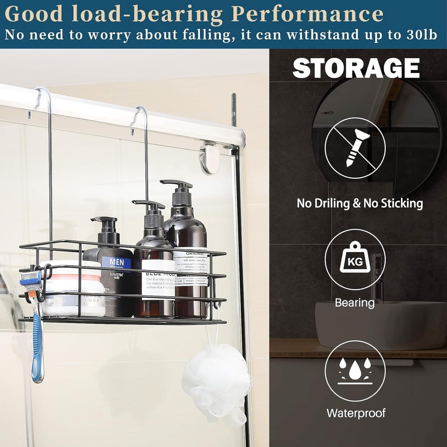 Shower Caddy Hanging Shower Orangizer Stainless Steel Shower Rack with Hooks Over The Door, Shampoo Basket Storage (Black)