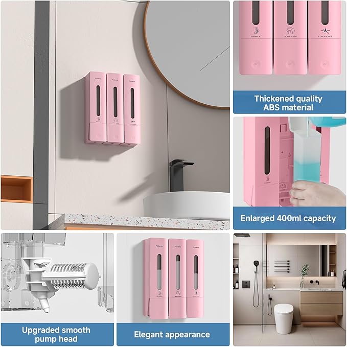 1984 Shower Soap Dispenser Bathroom Set Shampoo Conditioner Body Wash Dispenser Wall Mounted Shower Shampoo Dispenser 3 Chamber No Drill for Home Star Hotel 3 x 400ml Pink
