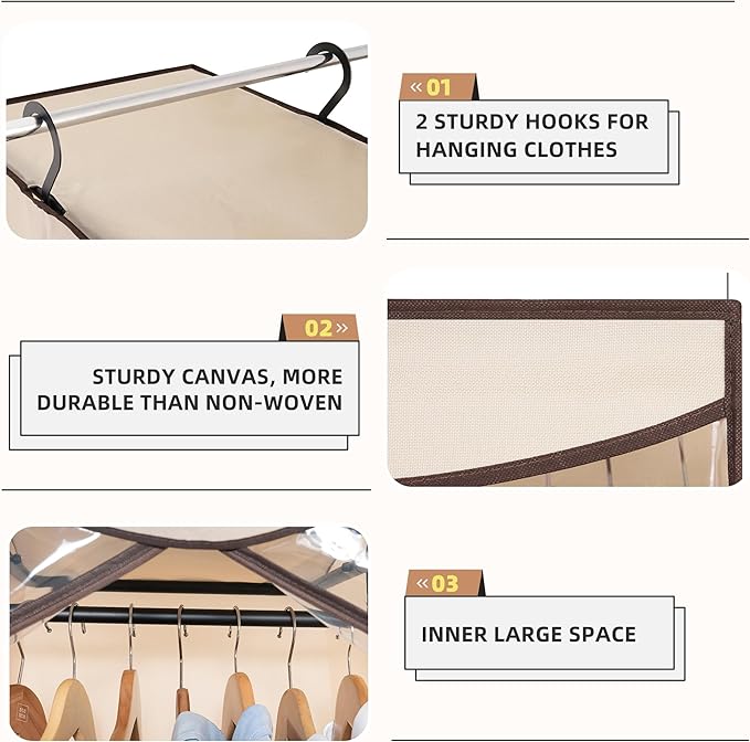 STORAGE MANIAC 2-Pack Hanging Garment Bag Zipper Cover with Sealed Clear Window, Long Garment Cover for Closet Storage Wardrobe Clothes Protector, Large Garment Storage Bag for Dresses,Suits, Beige