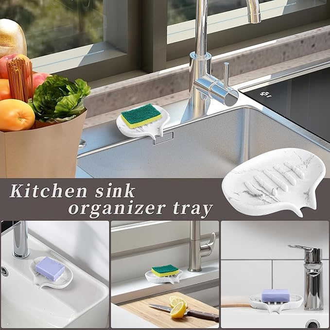 2 Pcs Soap Dish with Drain- Self Draining Bar Soap Holder for Shower, Marble Look Soap Savers Soap Tray Sponge Holder for Kitchen, Bathroom, Bathtub Sink, White