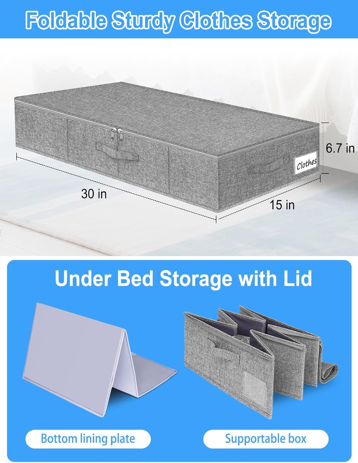 Under Bed Storage Container, 7" Tall Underbed Storage Bin with Rigid Sides & Bottom, Large Under-Bed Clothes Organizer with Zippered Lid for Bedroom, Dorm, Sofa, 30x15x6.7, Grey