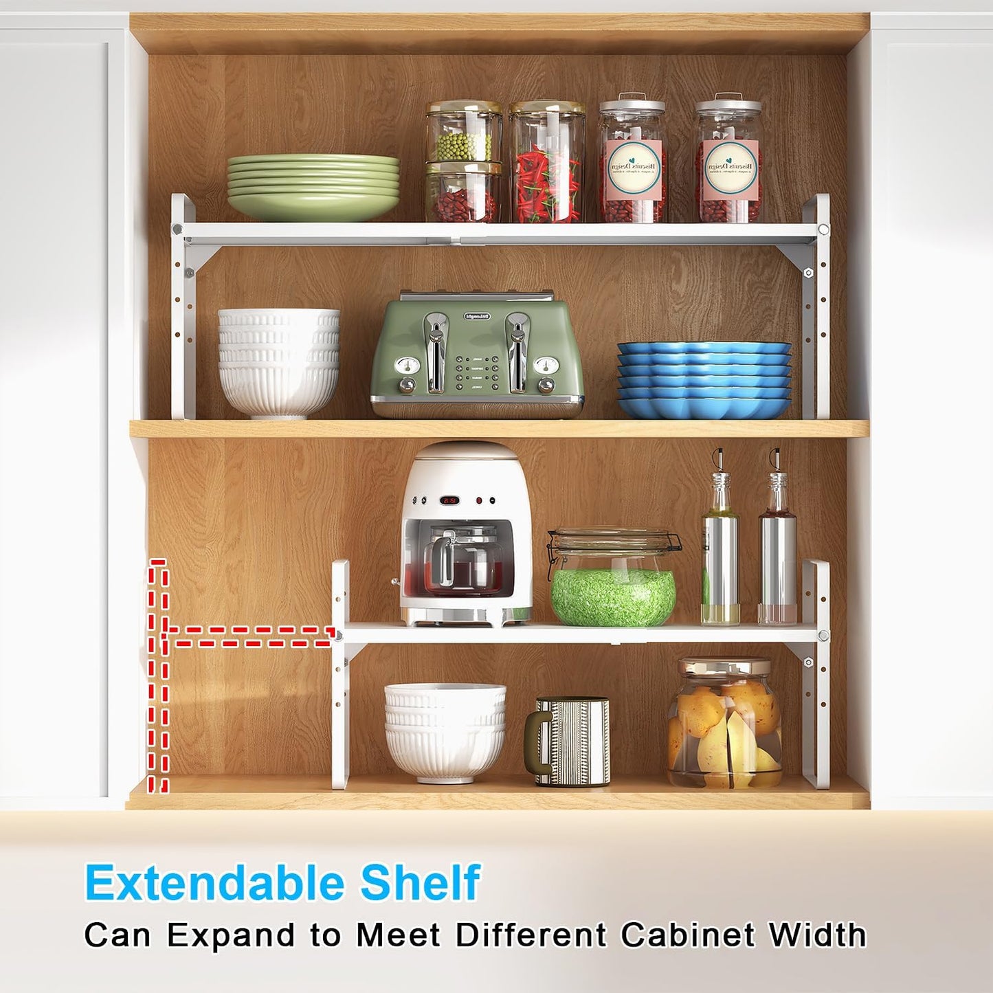 15.5 to 25.5 Inch Expandable Kitchen Cabinet Organizer Shelf, 30 LBS Heavy Duty Stackable Kitchen Counter Storage Shelves Organizers, 2 Pack Adjustable Small Storage Shelf Rack for Cabinet Cupboard