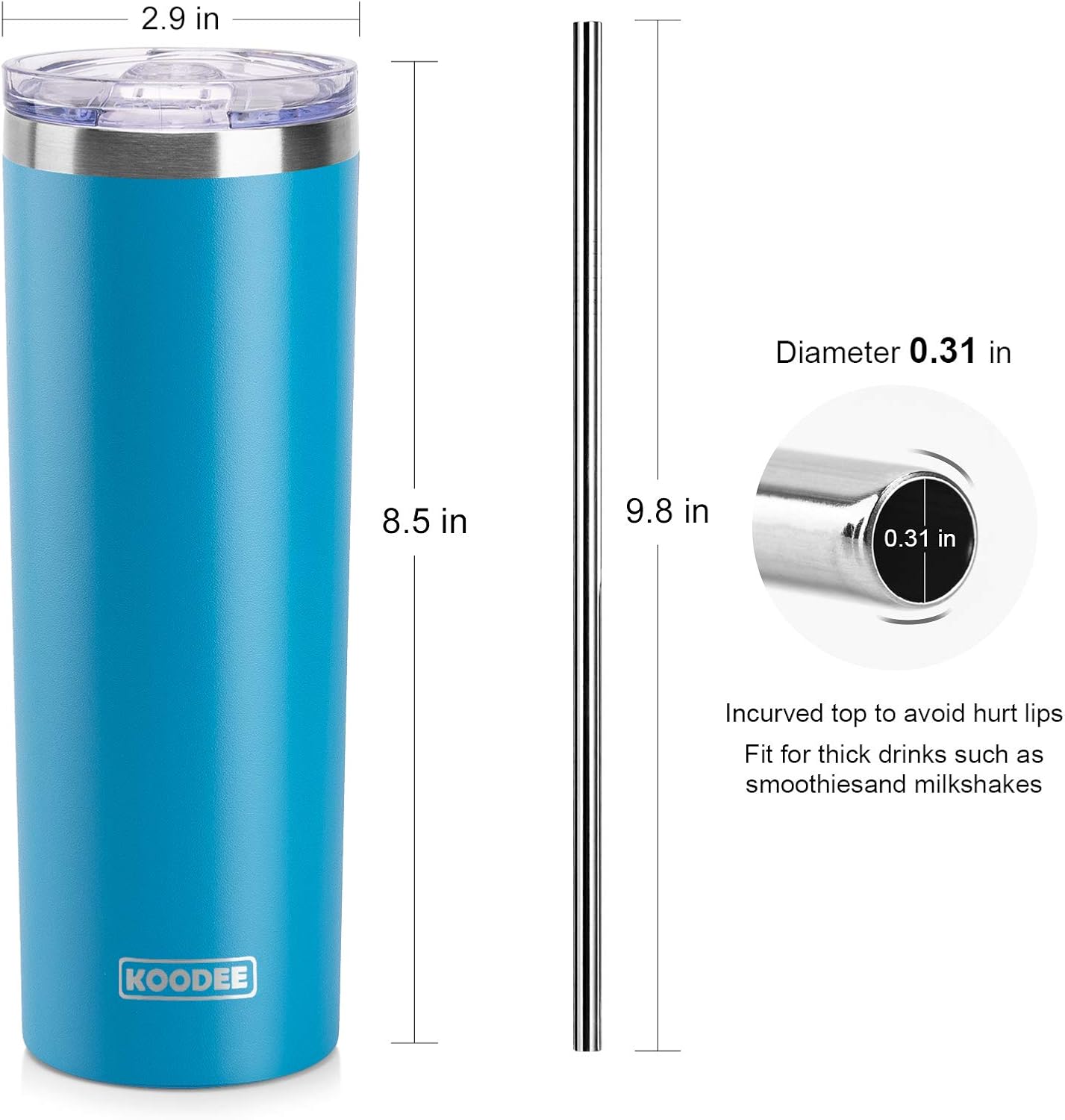 koodee Tumbler with Lid and Straw-20 oz Stainless Steel Vacuum Insulated Water Tumbler Cup for Adults, 2 Pack Slim Travel Coffee Tumbler for Women (Teal-Sky Blue)