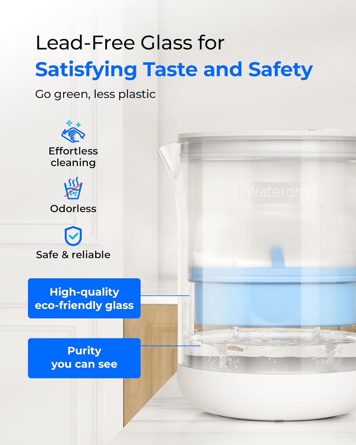 Waterdrop Glass Alkaline Water Filter Pitcher with 1 Filter, Enhances Alkaline Water, Eco-Friendly, 7-Cup, for Home & Office, Reduces PFOA/PFOS, Chlorine, Cadmium, Copper, Mercury, Clear, WD-PT-72C-A