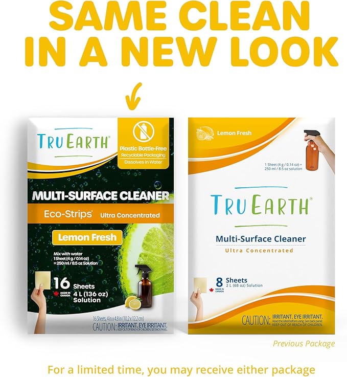Tru Earth Multi-Surface Cleaner Eco-Strips | All Purpose Cleaner Concentrate for Multi-Use, Fresh Lemon Scent, 16 Strips