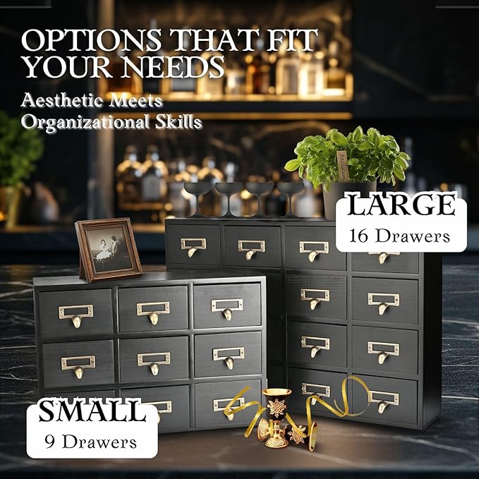 Flexzion Apothecary Cabinet with Drawers - 9 Vintage Apothecary Drawers Desktop Organizer for Home & Office - Wooden Tabletop Library Card Catalog Cabinet Storage for Jewelry, Makeup & Tools, Black
