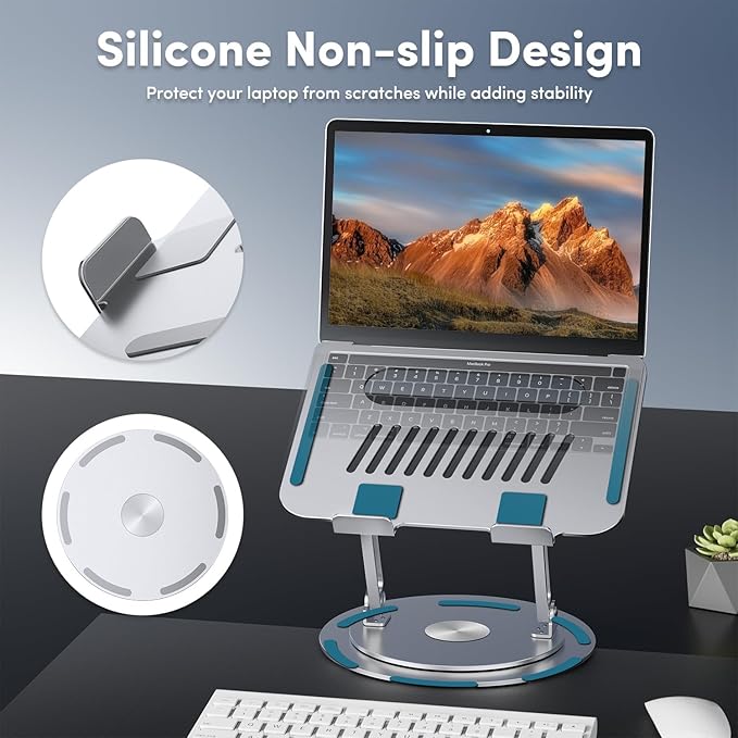 Lifelong Adjustable Laptop Stand with 360° Rotating Base, Ergonomic Computer Stand for Desk, Foldable & Portable Laptop Riser Holder Fits All MacBook, Laptops 10-16 Inches, Silver