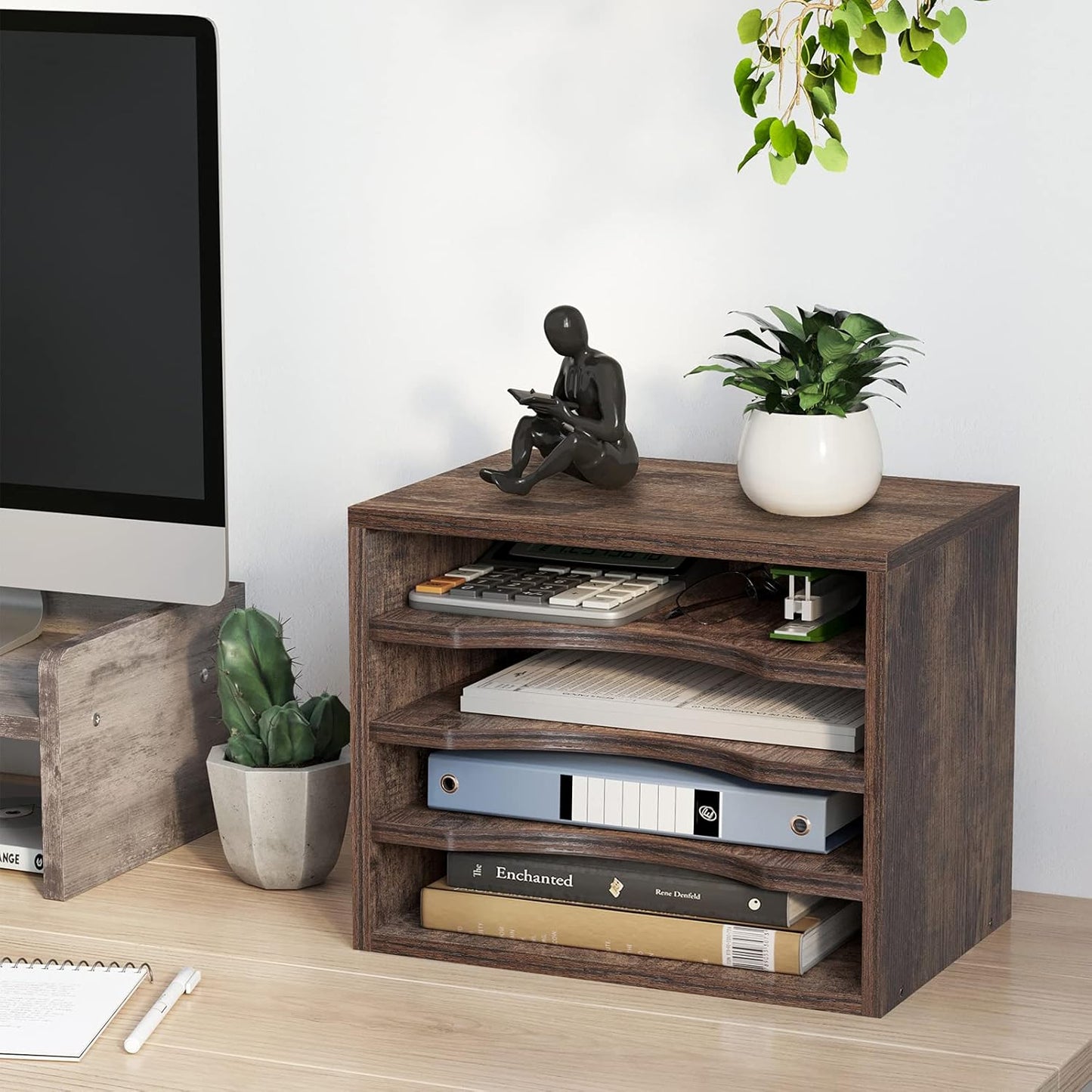 Snughome Vintage Wood File Organizer Desktop, 13.4’’ Document Letter Mail Tray Sorter with 3 Adjustable Shelves, Wooden Desktop Paper File Sorter Holder for School Home Office Supplies